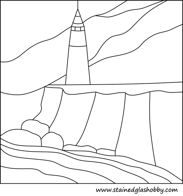 Stained glass lighthouse and sea outline