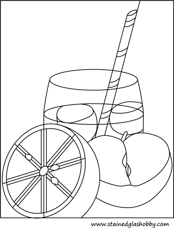 Orange, apple, drink stained glass outline