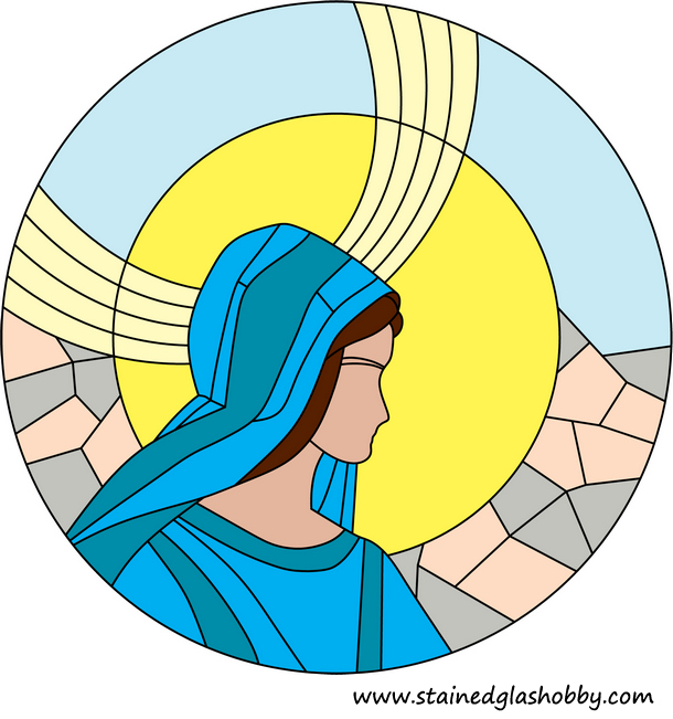 Lady in blue stained glass panel