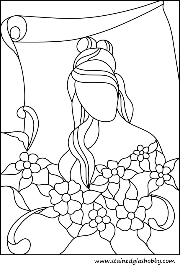 Pink flowers and lady stained glass outline