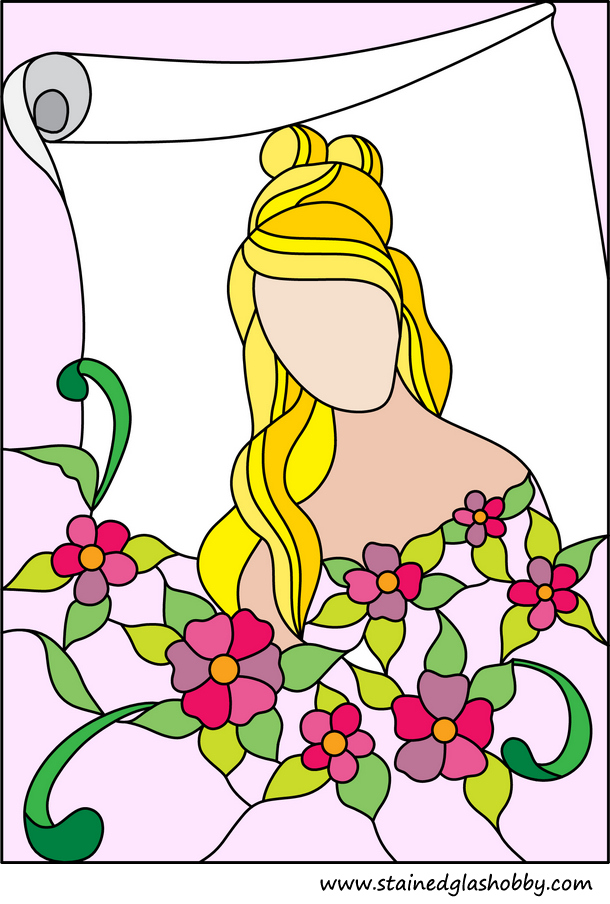Pink flowers and lady stained glass design