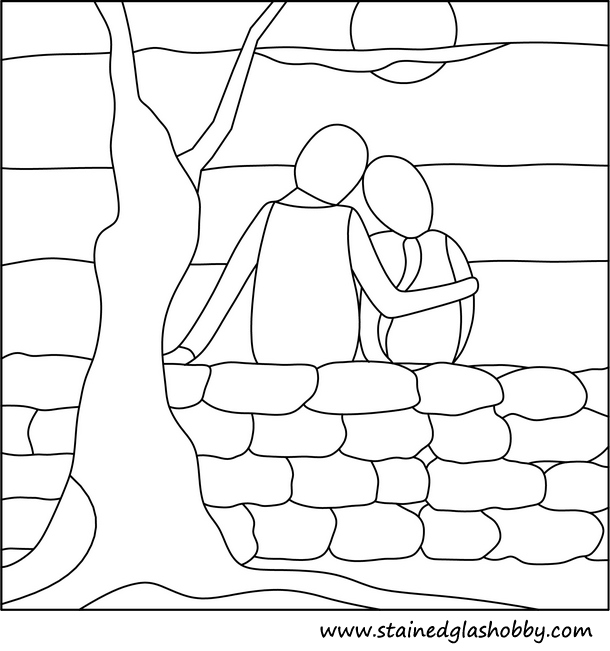 Outline of boy and girl hugging for stained glass panel