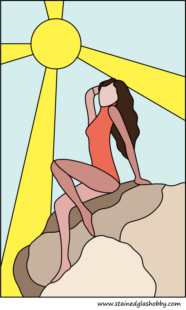 lady sunbathing in sun stained glass panel