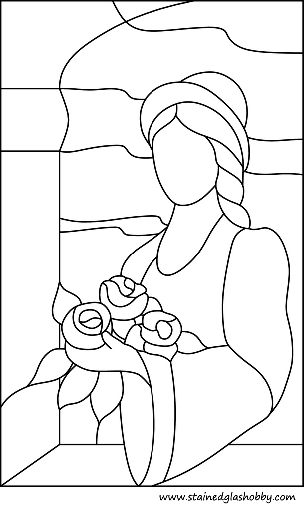 Outline lady with hat and flowers stained glass